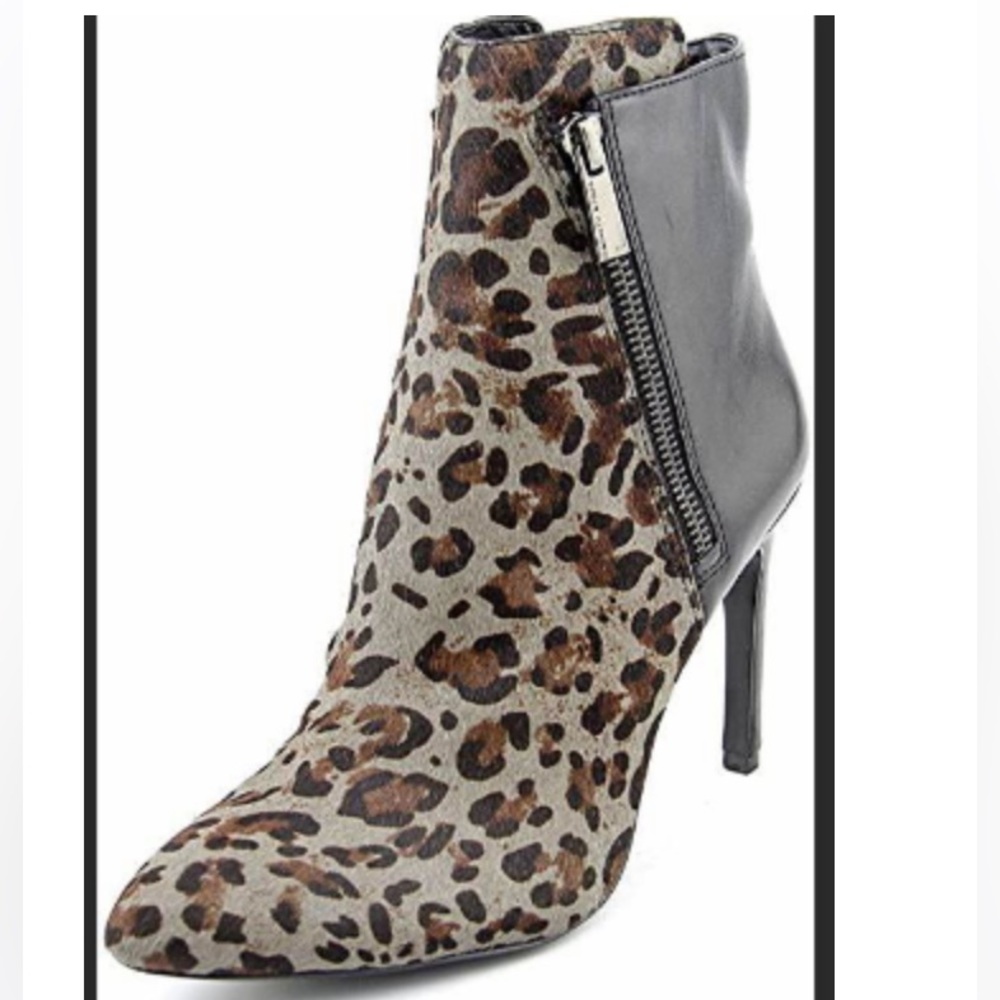Vince Camuto Chantel Leather Grey Animal Print Ankle High Heel Bootie Pointy Toe